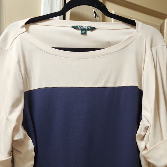 Ralph Lauren Light Cream and Navy Blue color 3/4 Sleeve Boxy Blouse - Picture 3 of 5